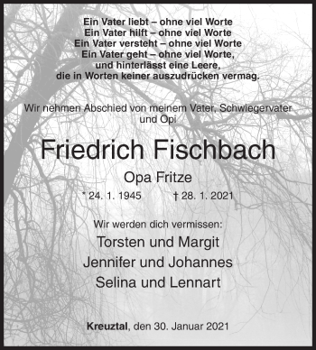 Traueranzeige von Friedrich Fischbach von Siegener Zeitung