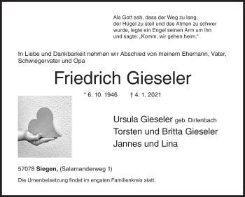 Traueranzeige von Friedrich Gieseler von Siegener Zeitung