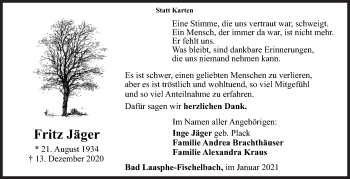 Traueranzeige von Fritz Jäger von Siegener Zeitung