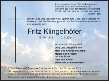Traueranzeige von Fritz Klingelhöfer von Siegener Zeitung