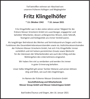 Traueranzeige von Fritz Klingelhöfer von Siegener Zeitung