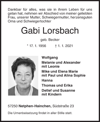 Traueranzeige von Gabi Lorsbach von Siegener Zeitung