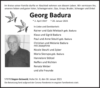 Traueranzeige von Georg Badura von Siegener Zeitung