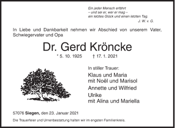 Traueranzeige von Gerd Kröncke von Siegener Zeitung