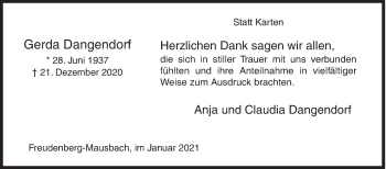 Traueranzeige von Gerda Dangendorf von Siegener Zeitung