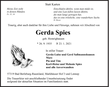 Traueranzeige von Gerda Spies von Siegener Zeitung
