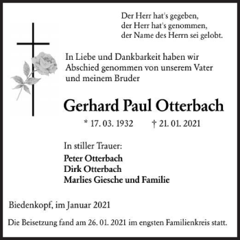 Traueranzeige von Gerhard Paul Otterbach von Siegener Zeitung