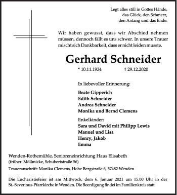 Traueranzeige von Gerhard Schneider von Siegener Zeitung
