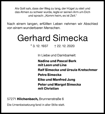 Traueranzeige von Gerhard Simecka von Siegener Zeitung