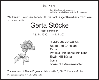 Traueranzeige von Gerta Stöcke von Siegener Zeitung