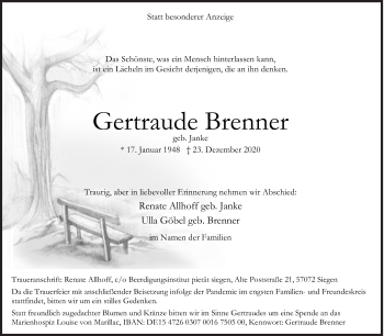 Traueranzeige von Gertraude Brenner von Siegener Zeitung
