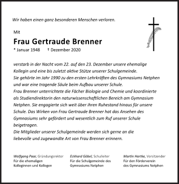Traueranzeige von Gertraude Brenner von Siegener Zeitung