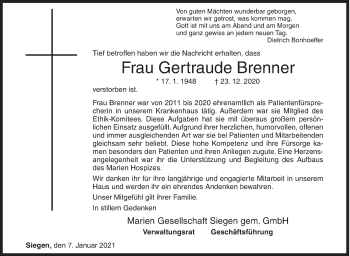 Traueranzeige von Gertraude Brenner von Siegener Zeitung