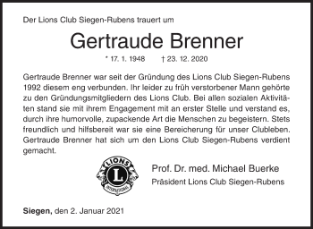 Traueranzeige von Gertraude Brenner von Siegener Zeitung