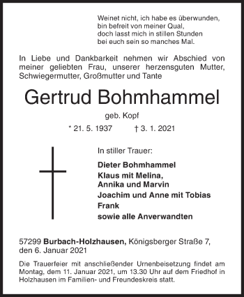 Traueranzeige von Gertrud Bohmhammel von Siegener Zeitung