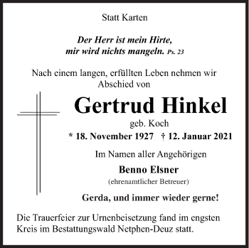 Traueranzeige von Gertrud Hinkel von Siegener Zeitung