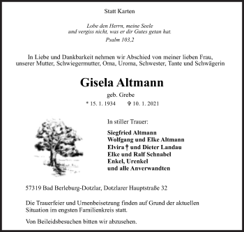 Traueranzeige von Gisela Altmann von Siegener Zeitung