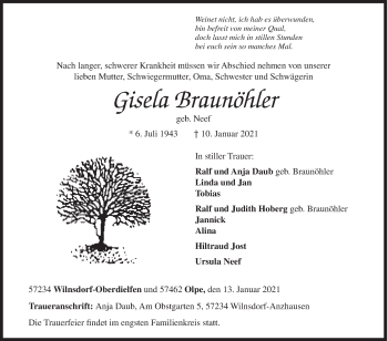 Traueranzeige von Gisela Braunöhler von Siegener Zeitung