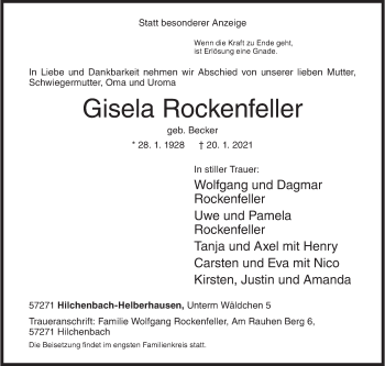 Traueranzeige von Gisela Rockenfeller von Siegener Zeitung