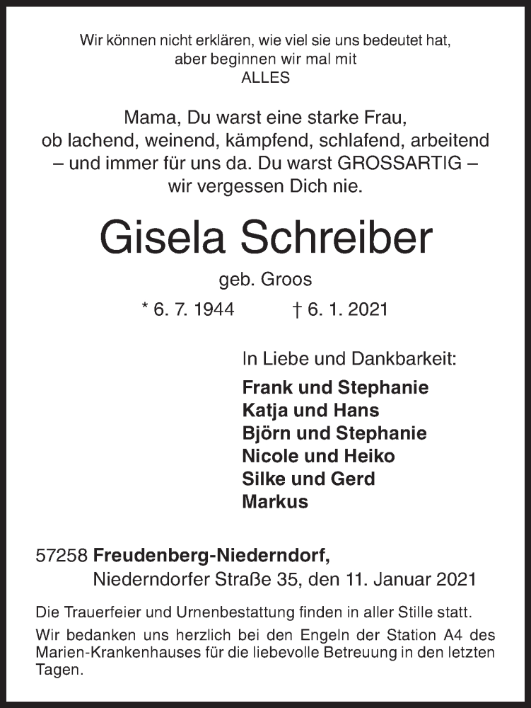  Traueranzeige für Gisela Schreiber vom 11.01.2021 aus Siegener Zeitung