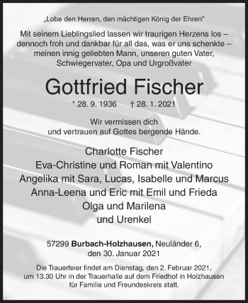 Traueranzeige von Gottfried Fischer von Siegener Zeitung