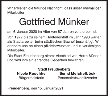 Traueranzeige von Gottfried Münker von Siegener Zeitung