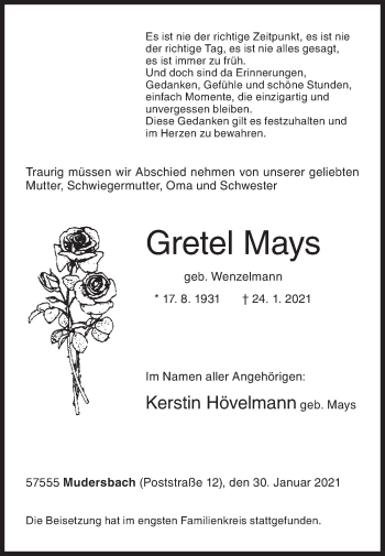 Traueranzeige von Gretel Mays von Siegener Zeitung