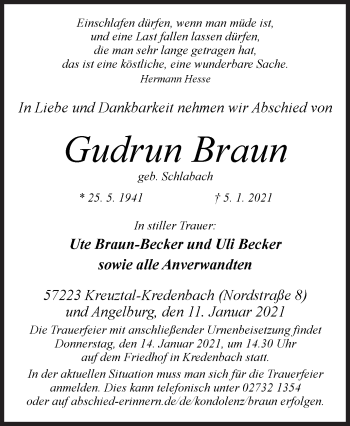 Traueranzeige von Gudrun Braun von Siegener Zeitung