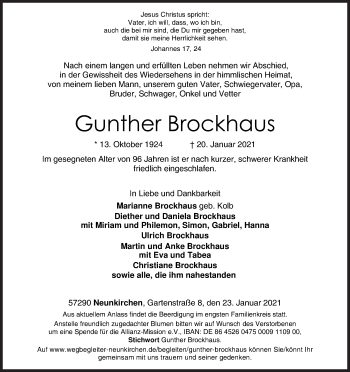 Traueranzeige von Gunther Brockhaus von Siegener Zeitung