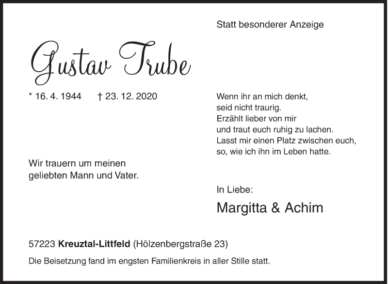  Traueranzeige für Gustav Trube vom 13.01.2021 aus Siegener Zeitung