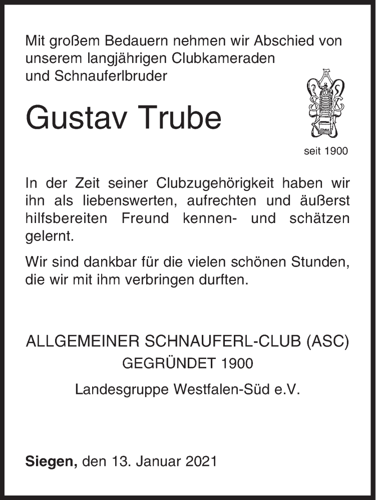  Traueranzeige für Gustav Trube vom 13.01.2021 aus Siegener Zeitung