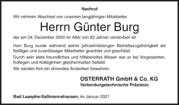 Traueranzeige von Günter Burg von Siegener Zeitung