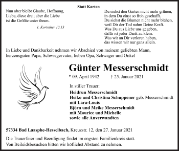 Traueranzeige von Günter Messerschmidt von Siegener Zeitung