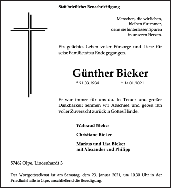 Traueranzeige von Günther Bieker von Siegener Zeitung