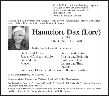 Traueranzeige von Hannelore Dax von Siegener Zeitung
