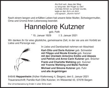 Traueranzeige von Hannelore Kutzner von Siegener Zeitung