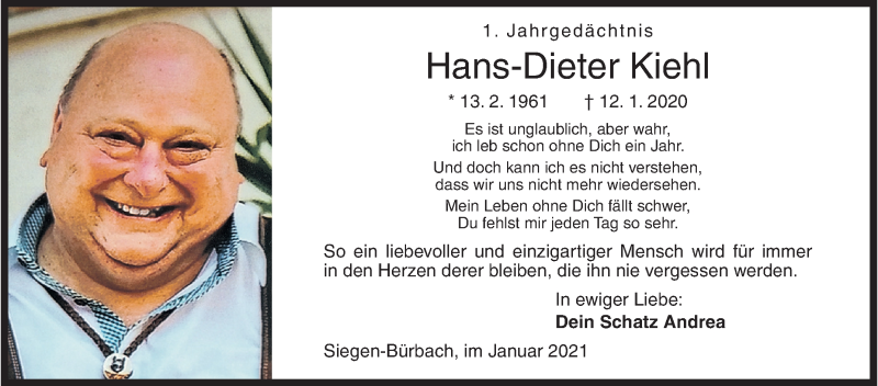  Traueranzeige für Hans-Dieter Kiehl vom 12.01.2021 aus Siegener Zeitung