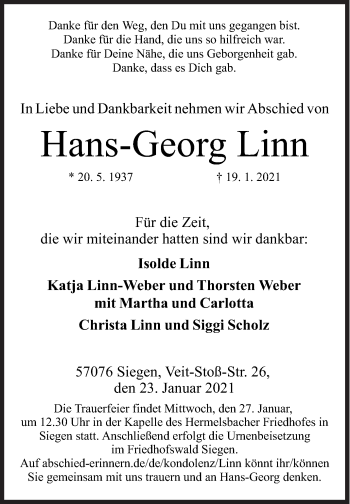 Traueranzeige von Hans-Georg Linn von Siegener Zeitung