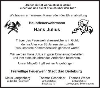 Traueranzeige von Hans Julius von Siegener Zeitung