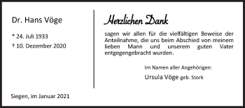 Traueranzeige von Hans Vöge von Siegener Zeitung