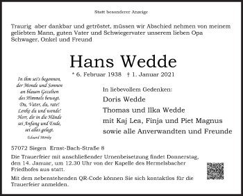 Traueranzeige von Hans Wedde von Siegener Zeitung