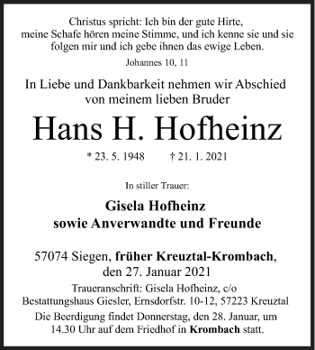 Traueranzeige von Hans H. Hofheinz von Siegener Zeitung