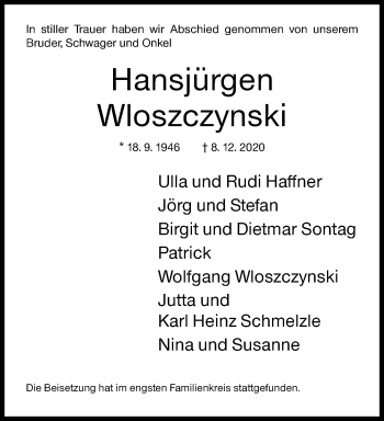 Traueranzeige von Hansjürgen Wloszczynski von Siegener Zeitung