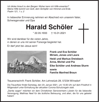 Traueranzeige von Harald Schöler von Siegener Zeitung