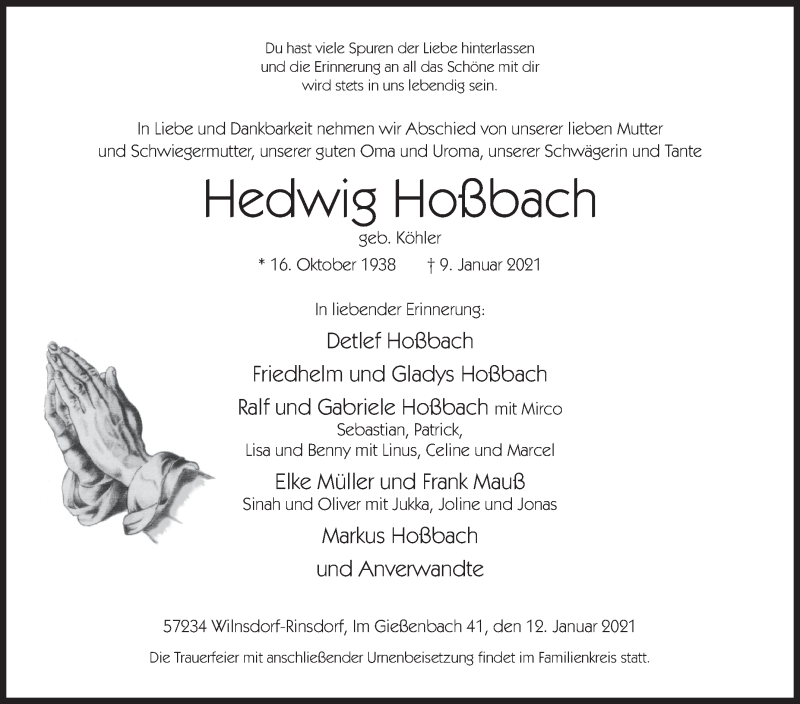 Traueranzeige für Hedwig Hoßbach vom 12.01.2021 aus Siegener Zeitung
