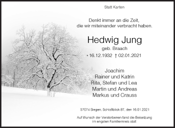 Traueranzeige von Hedwig Jung von Siegener Zeitung