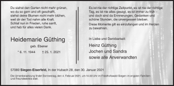 Traueranzeige von Heidemarie Güthing von Siegener Zeitung