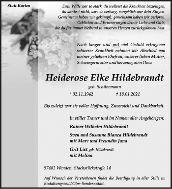 Traueranzeige von Heiderose Elke Hildebrandt von Siegener Zeitung