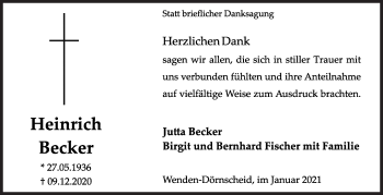 Traueranzeige von Heinrich Becker von Siegener Zeitung