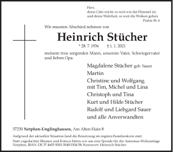 Traueranzeige von Heinrich Stücher von Siegener Zeitung